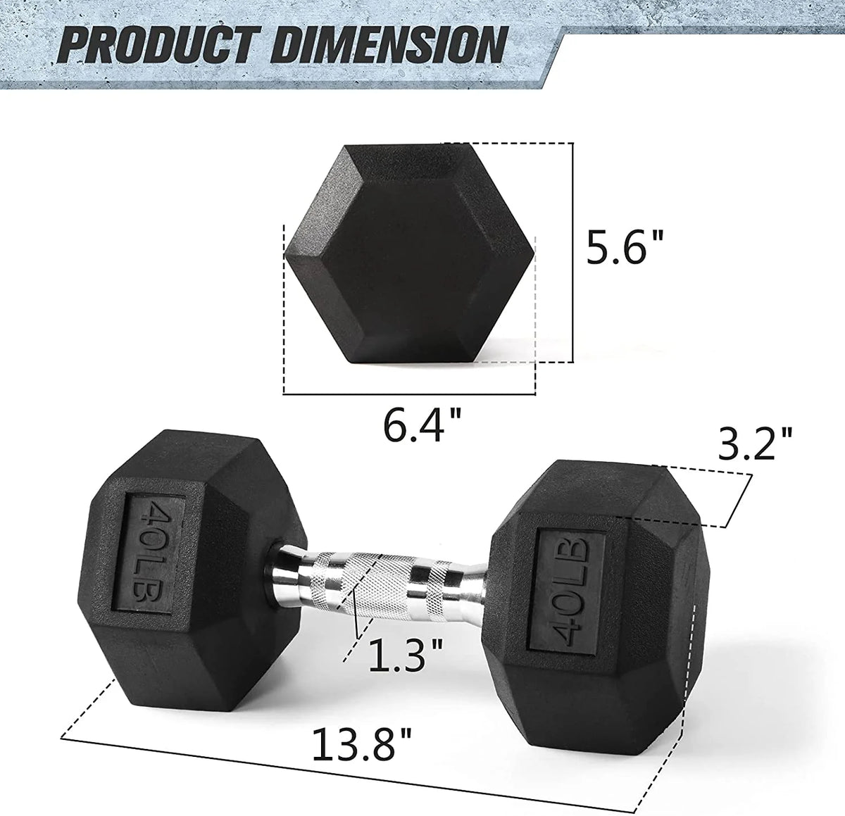 Rubber Hex Dumbbell 5-60 Lbs with Metal Handle O5708