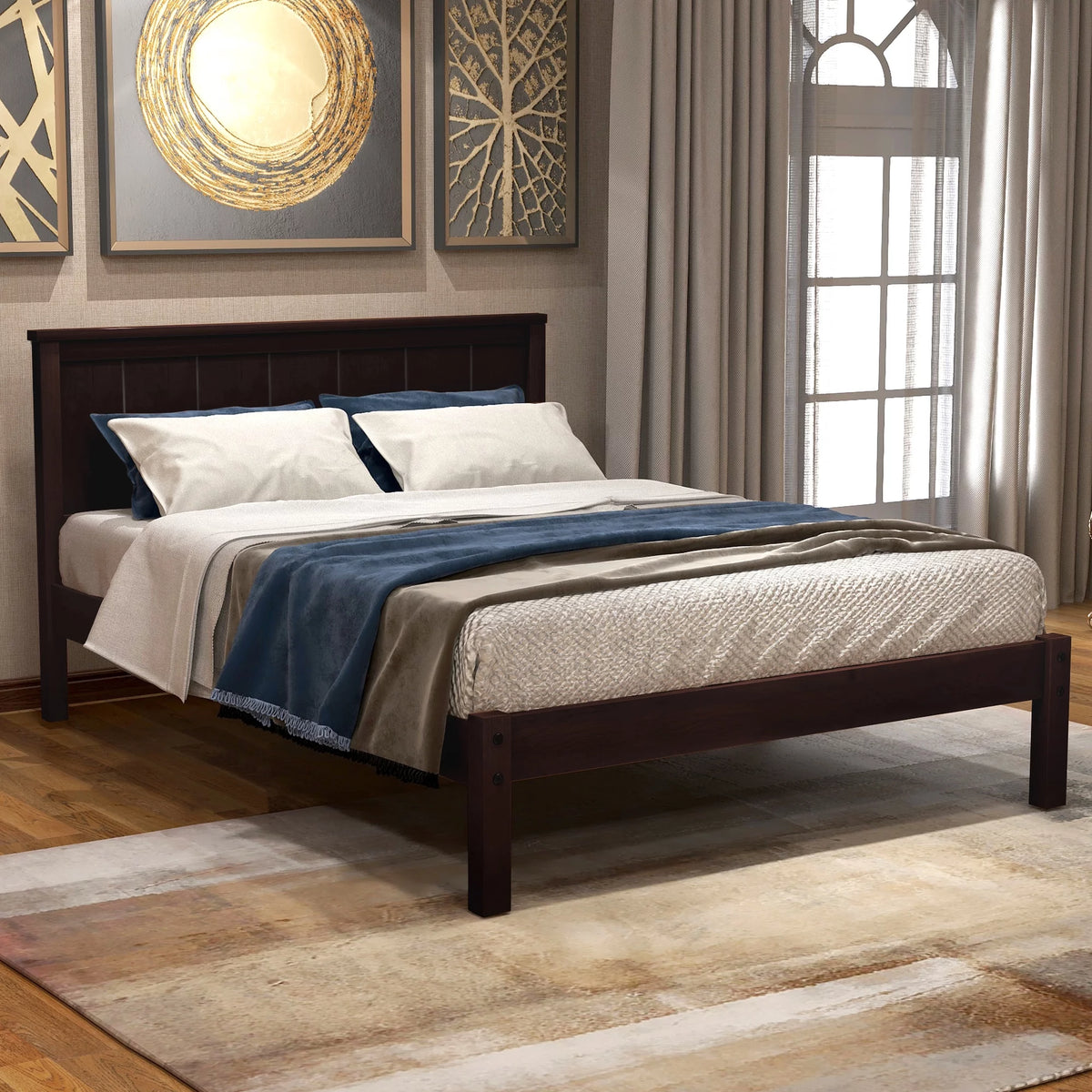 Twin Size Wood Platform Bed with Headboard X8449