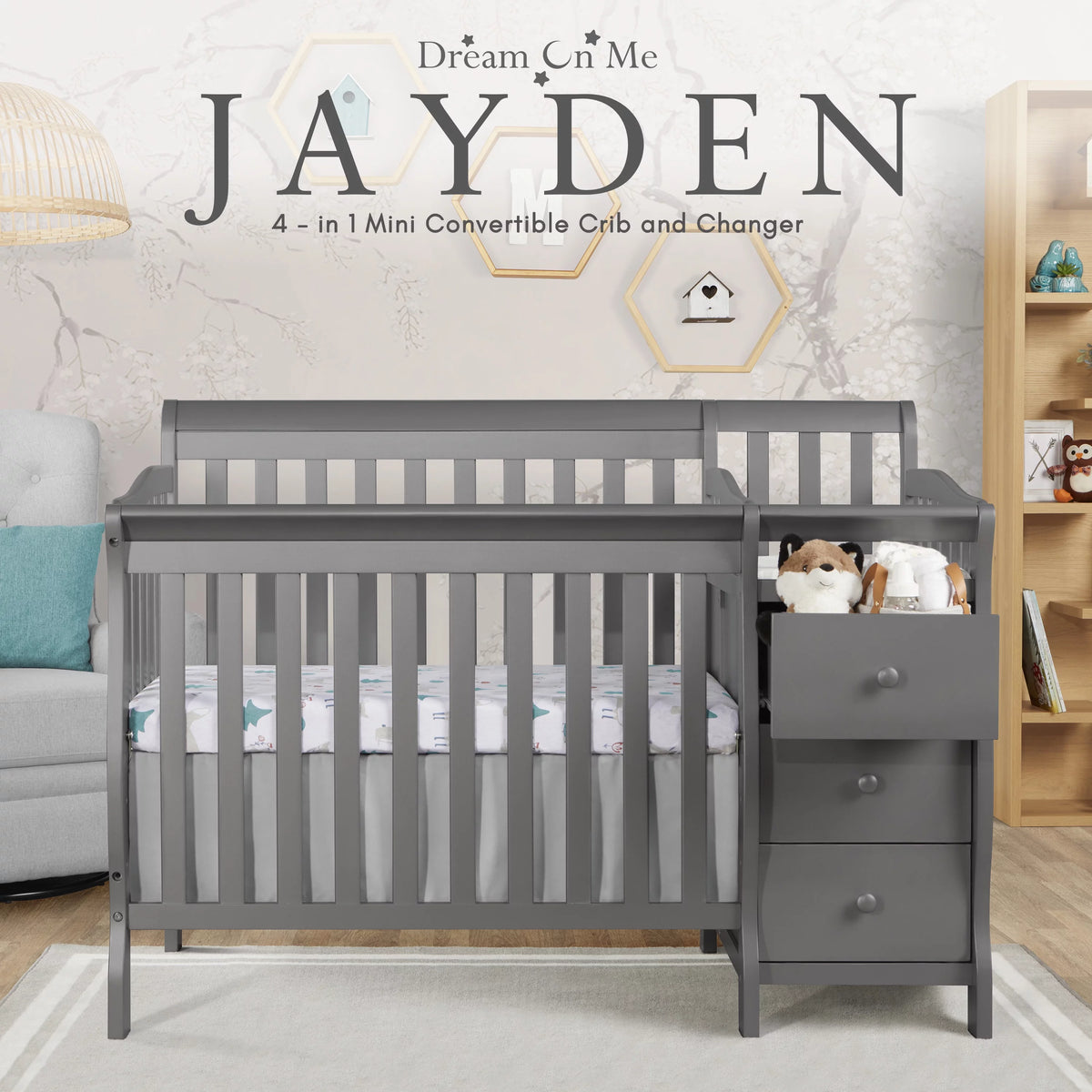 Storm Grey 4-in-1 Convertible Mini Crib and Changer B95615