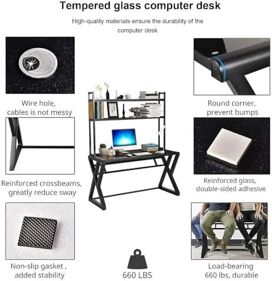White Glass Top Metal Frame Computer Desk with 2 Tiers Shelves V572256