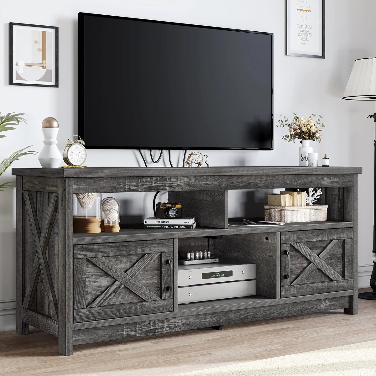 Farmhouse TV Stand up to 65 inch with Power Outlet, Grey Wash G83721
