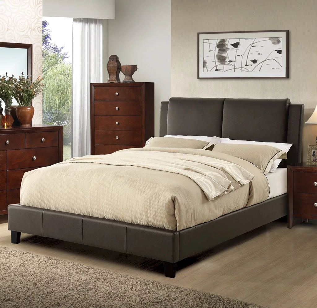 Brown Faux Leather Queen Size Upholstered Platform Bed D133581