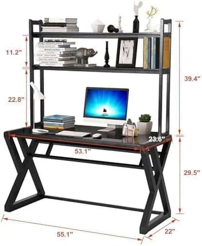 White Glass Top Metal Frame Computer Desk with 2 Tiers Shelves V572256
