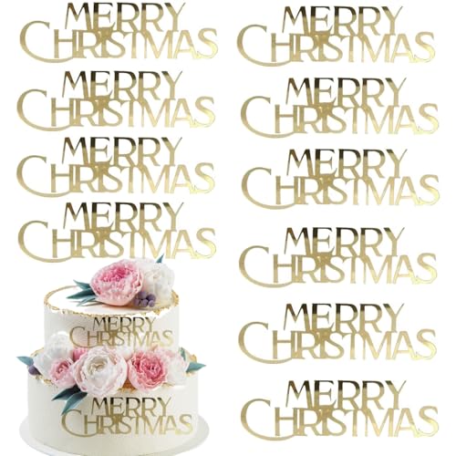 10 Pcs Mirror Gold Merry Christmas Cake Toppers Q336