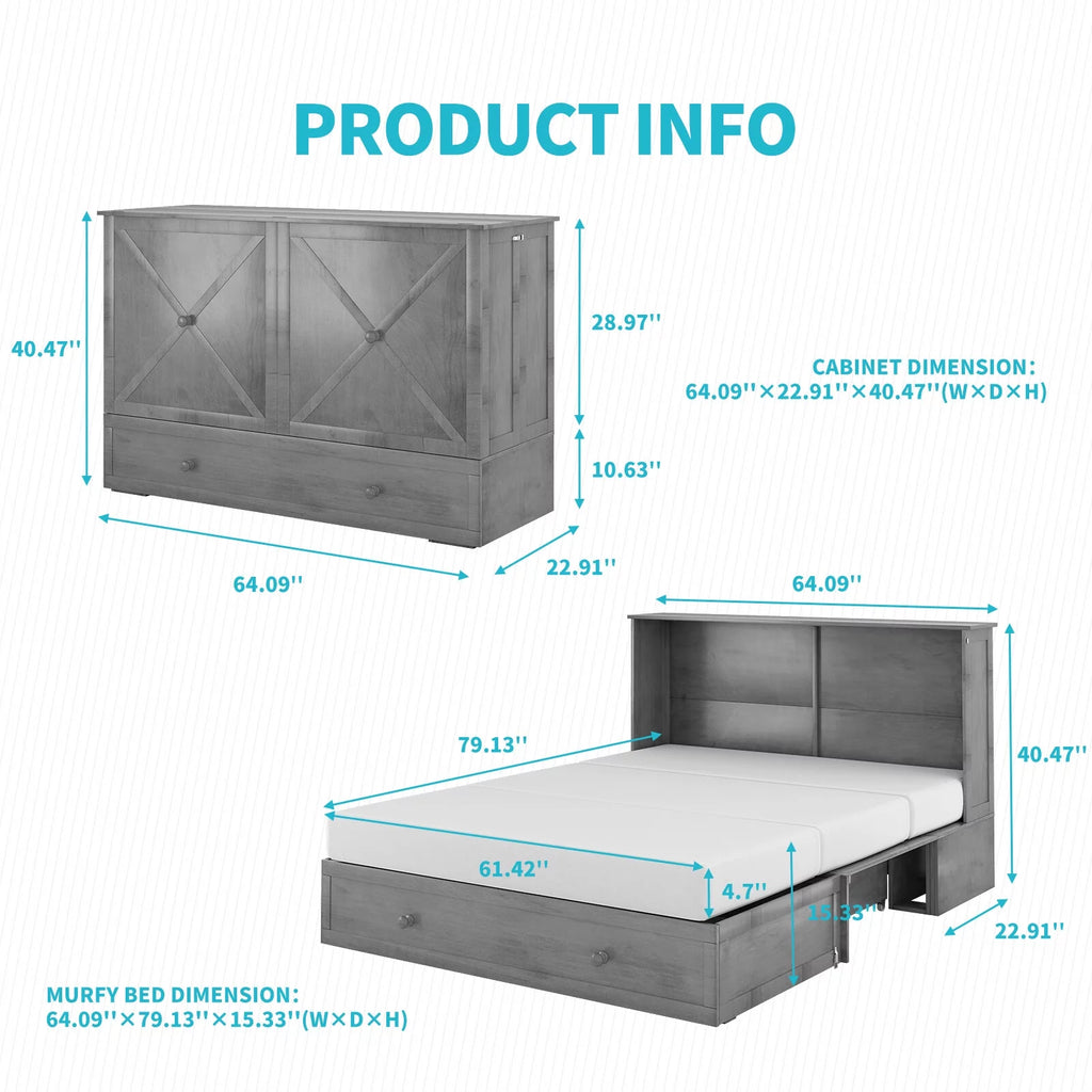 Queen Murphy Bed Chest with Trifold Foam Mattress and Storage Drawers R729