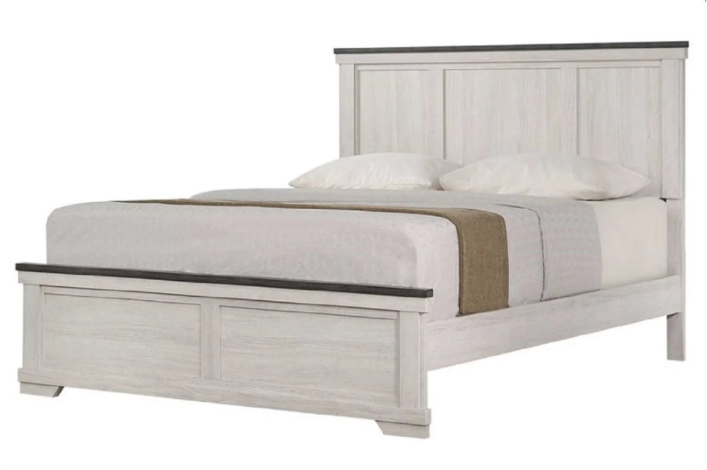 Antique White Brown 5pc King Size Panel Bed Dresser Mirror Nightstand Bedroom Set O793