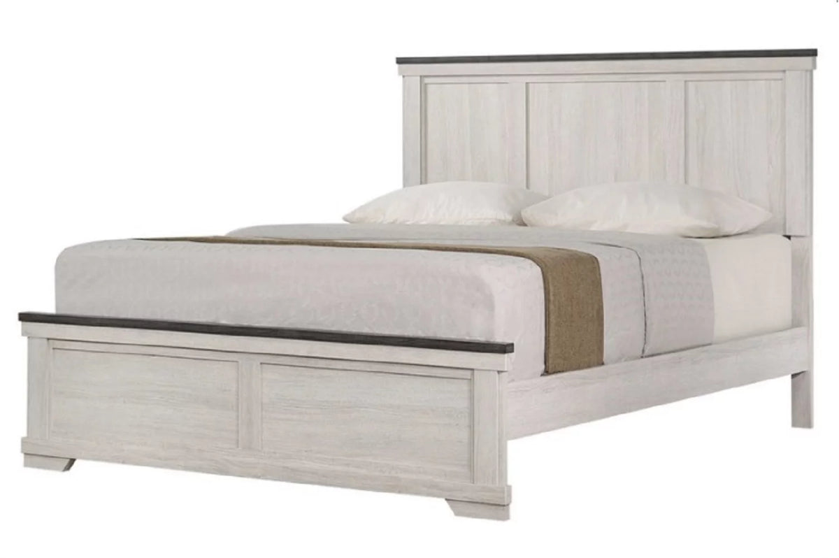 Antique White Brown 5pc King Size Panel Bed Dresser Mirror Nightstand Bedroom Set O793