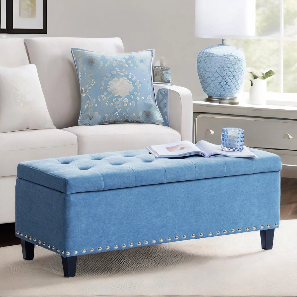 Light Blue Linen Fabric Storage Ottoman Bench K48172