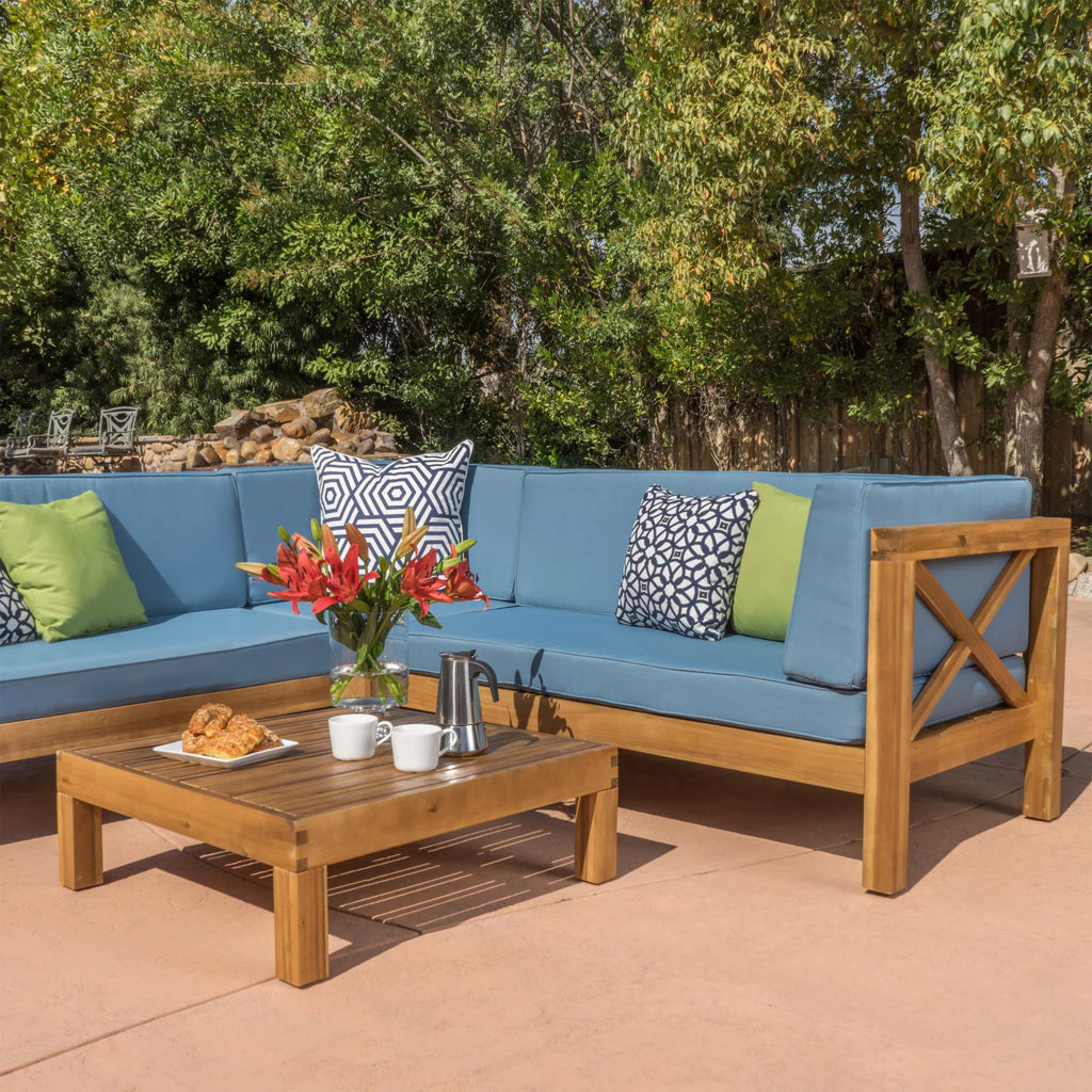 4 Piece Acacia Wood Sectional Sofa and Coffee Table Set O853115