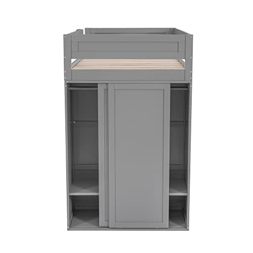 Full Size Gray Solid Wood Loft Bed with Wardrobe Desk and Shelves K204