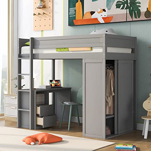 Full Size Gray Solid Wood Loft Bed with Wardrobe Desk and Shelves K204