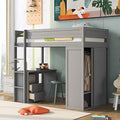 Full Size Gray Solid Wood Loft Bed with Wardrobe Desk and Shelves K204