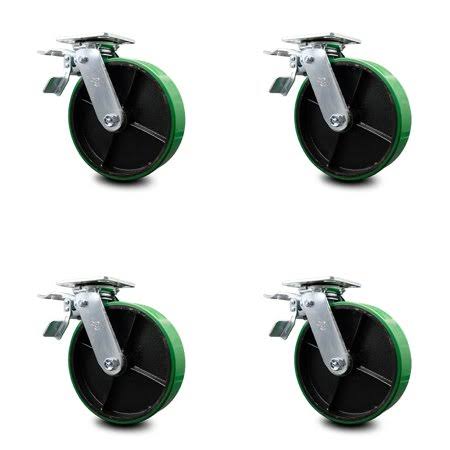 8 inch Green Poly on Steel Caster Set with Roller Bearing and Total Lock Brake U973