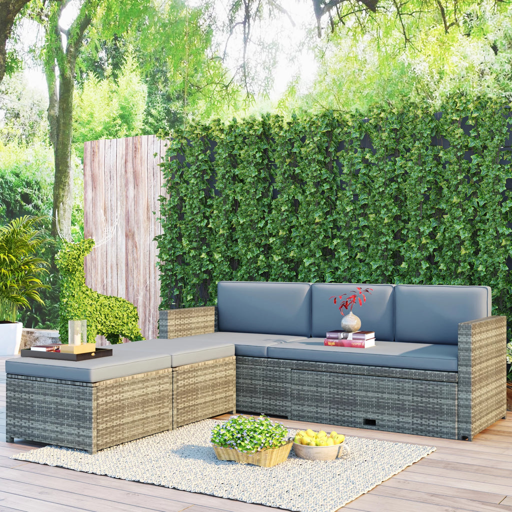 4-Piece All-Weather PE Wicker Patio Sectional Sofa Set with Retractable Table K436474