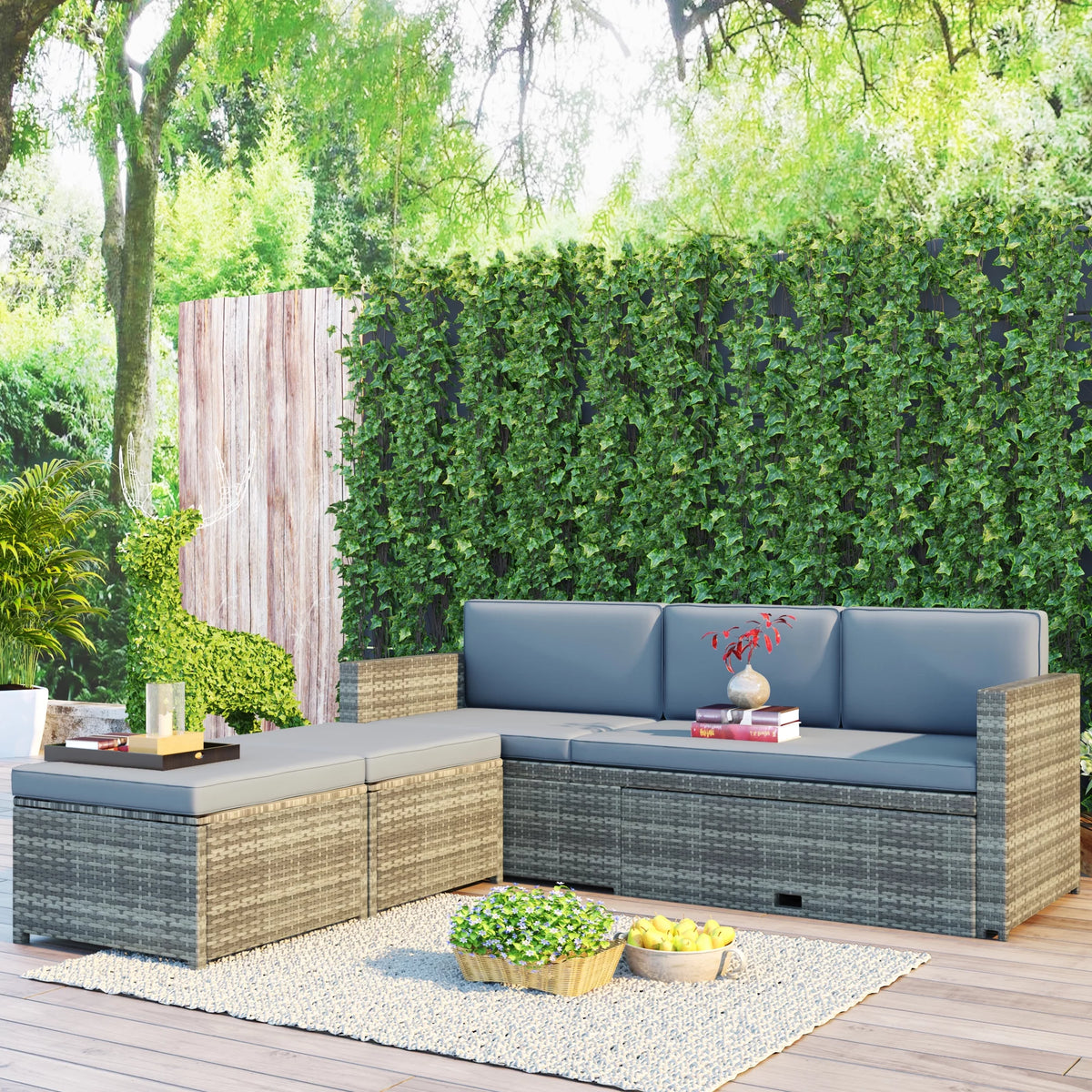 4-Piece All-Weather PE Wicker Patio Sectional Sofa Set with Retractable Table K436474
