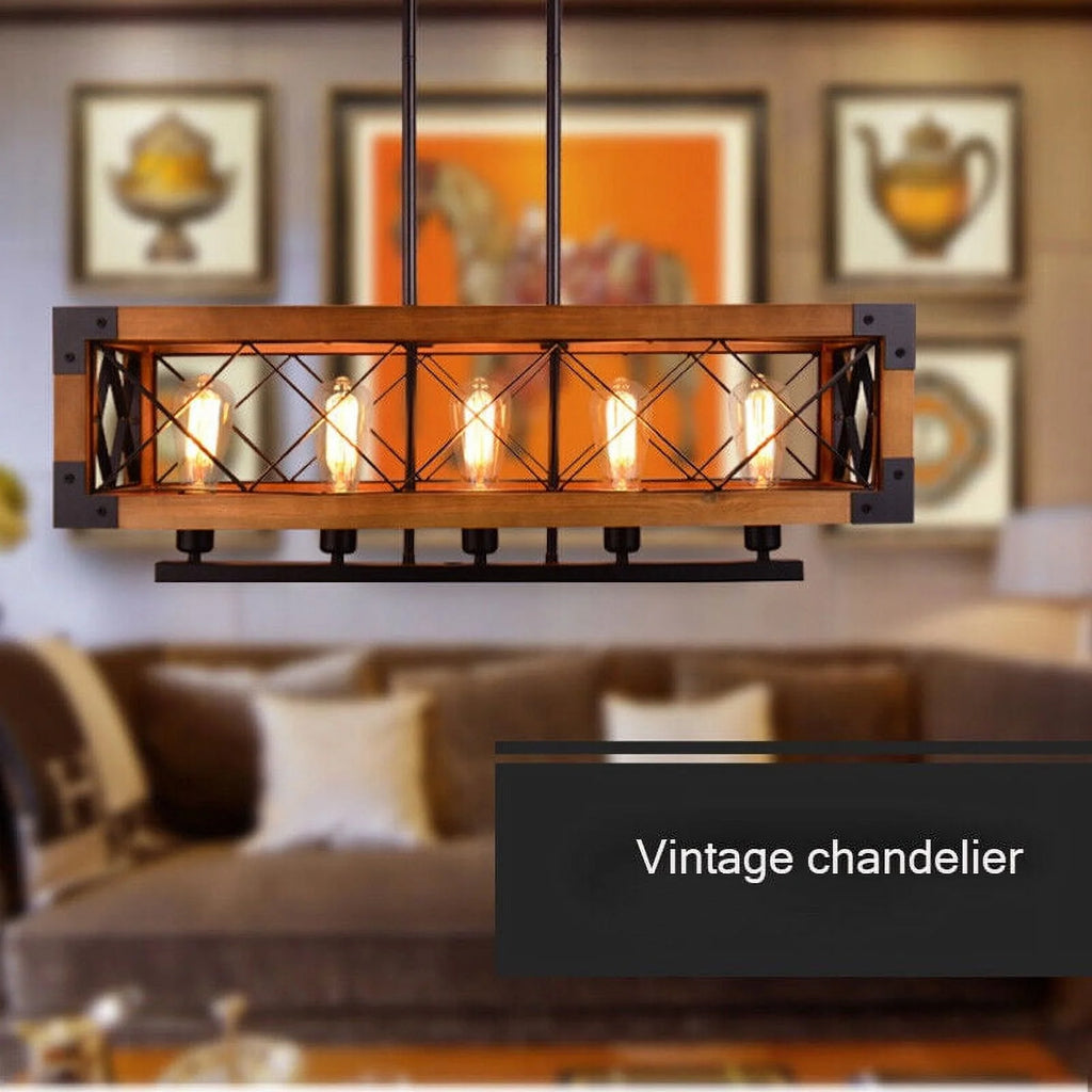 5-Lights Wooden Rectangle Pendant Light Fixture F925380