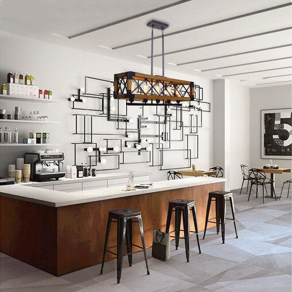 5-Lights Wooden Rectangle Pendant Light Fixture F925380