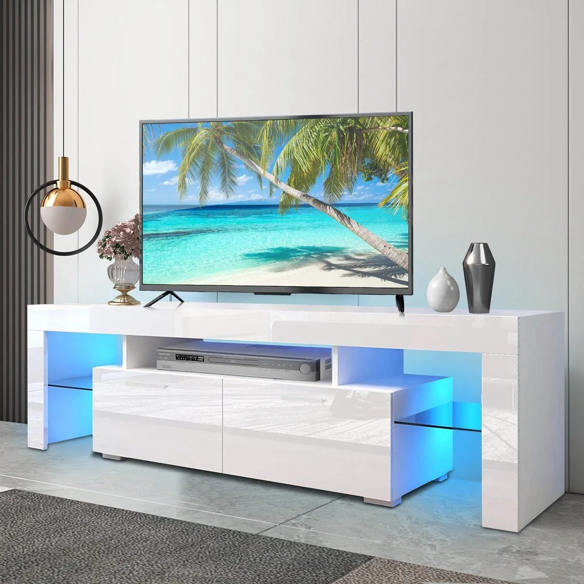 White High Gloss TV Stand with LED Light and Storage Drawers I4537