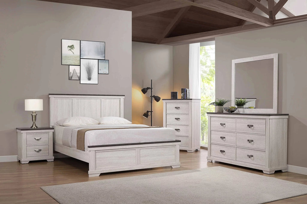 Antique White Brown 5pc King Size Panel Bed Dresser Mirror Nightstand Bedroom Set O793