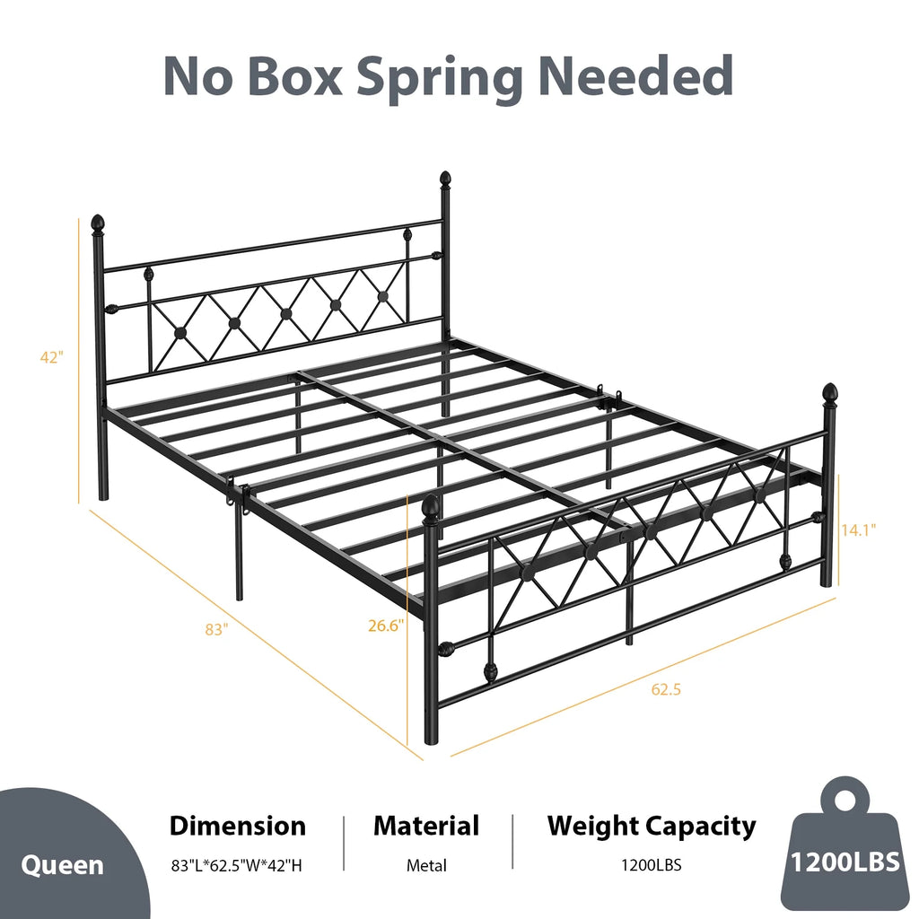 Queen Size Black Metal Platform Bed Frame with Headboard F363