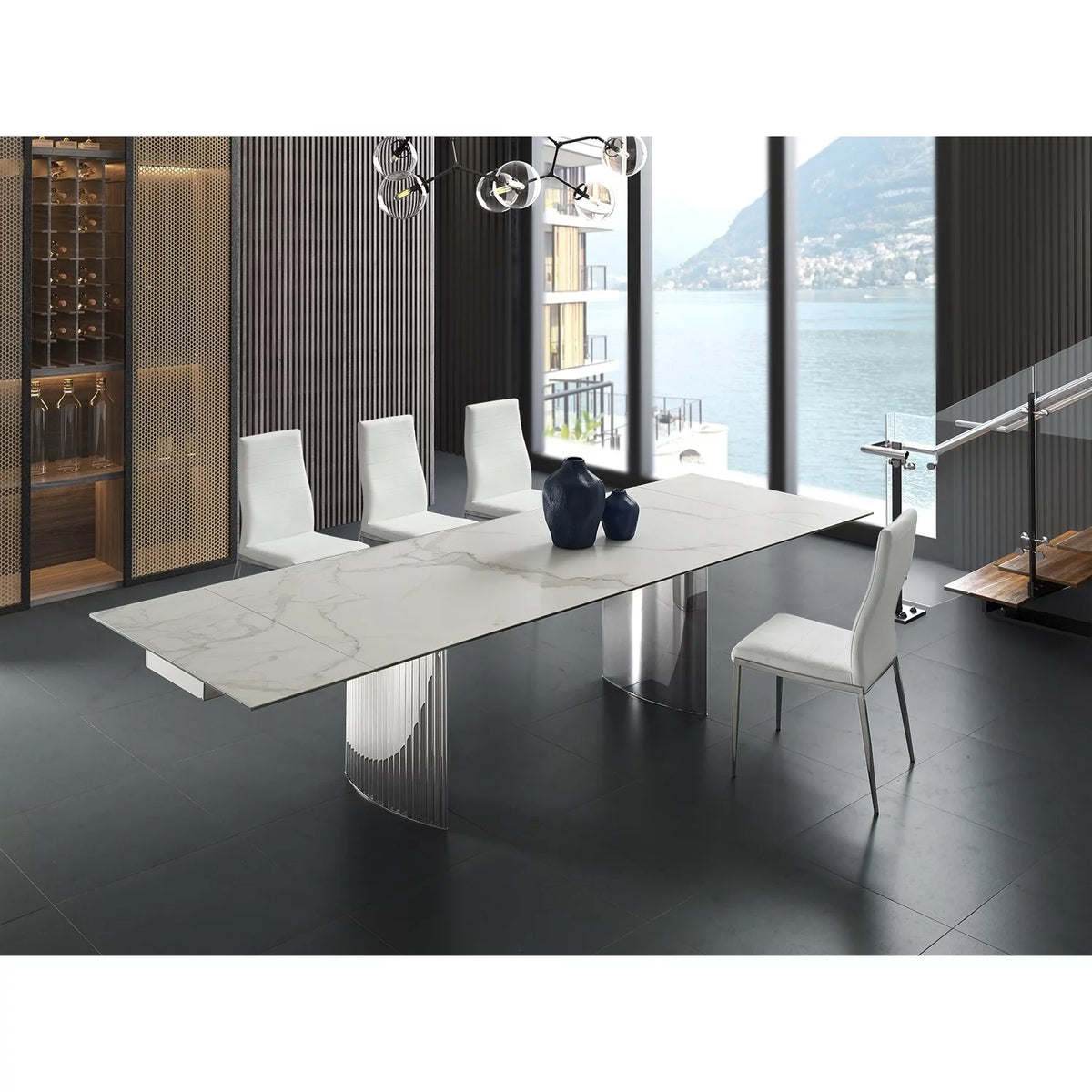 Dining Table with Stainless Steel Base and White Marbled Top B621143
