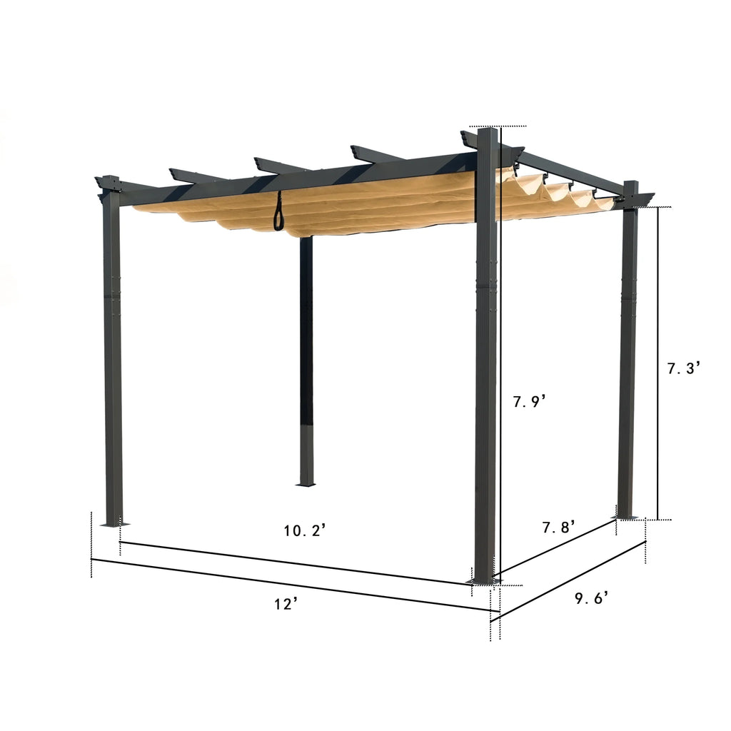 Extra-Large Gray Aluminum Frame Pergola with Sunshade Canopy 10'x12' Beige S834