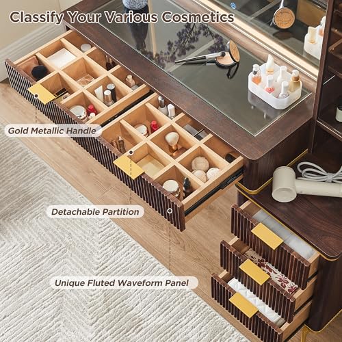 48" Glass Top Vanity Desk with Lighted Mirror and 5 Drawers I7512