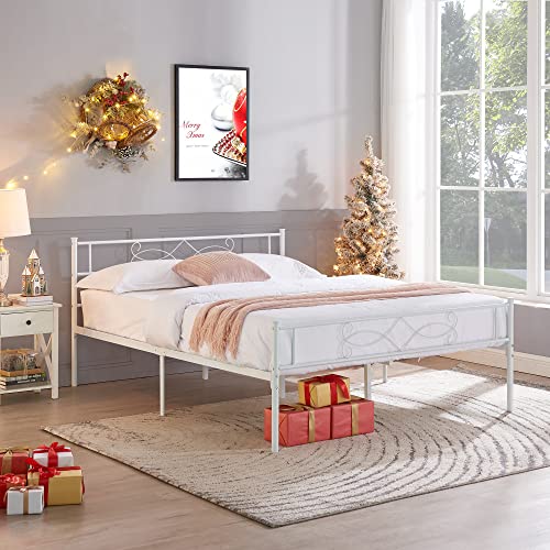 14" Full Size White Metal Platform Bed Frame with Headboard K667