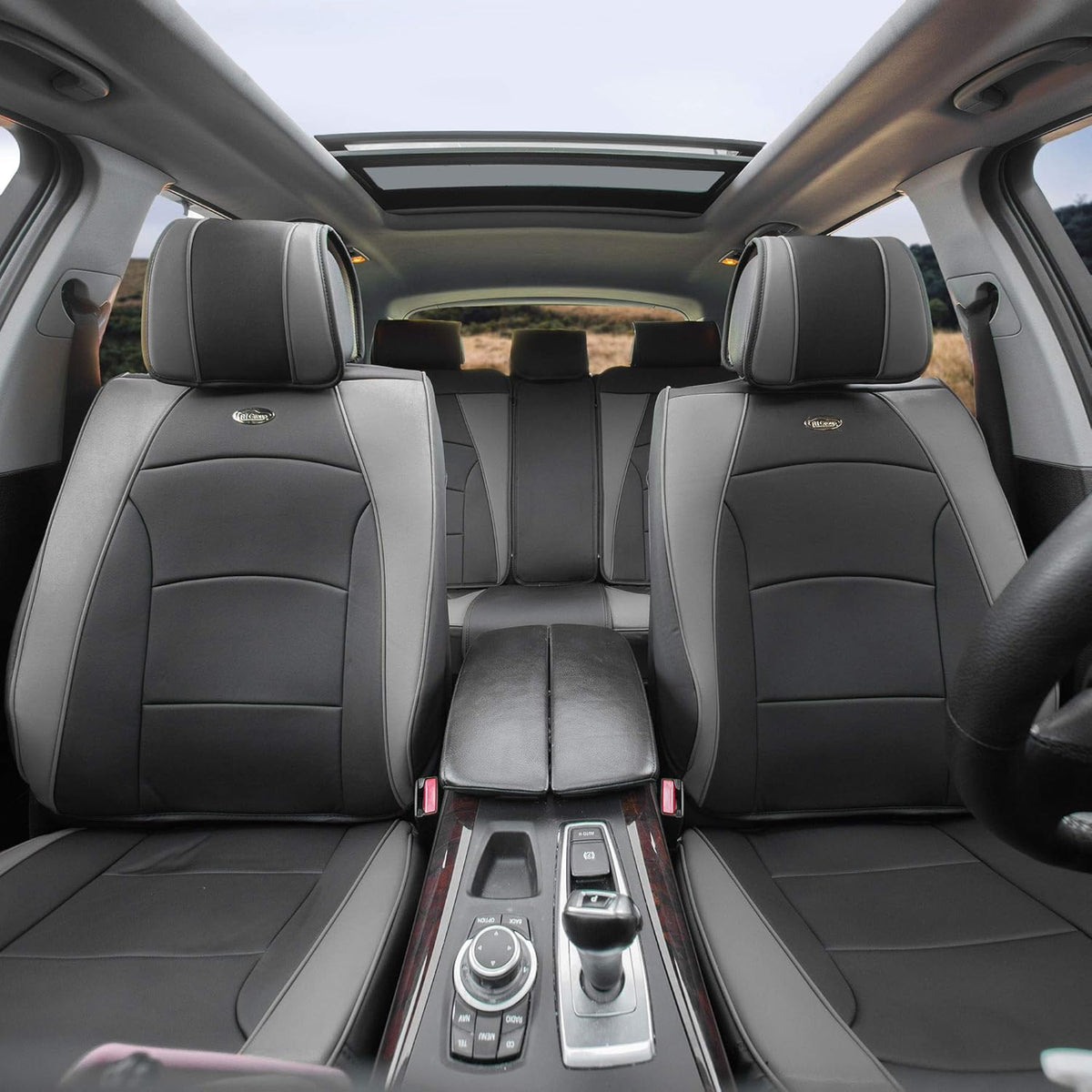 Faux Leather Full Set Car Seat Covers Blue/Black E73075