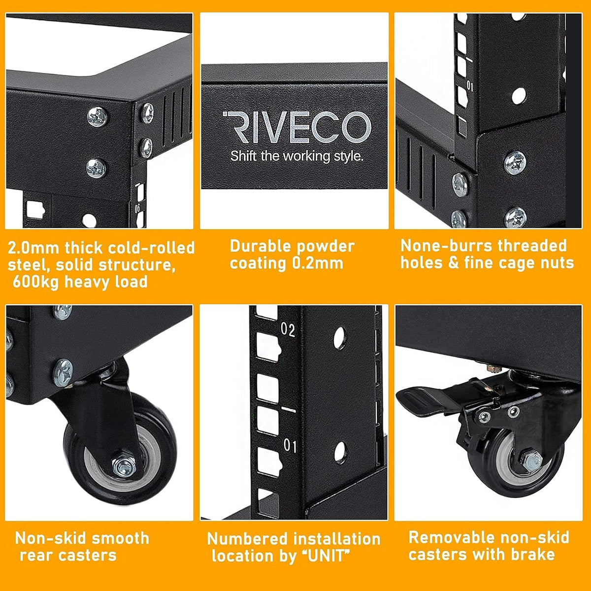 9U Open Frame Server Rack with Casters Black J218269