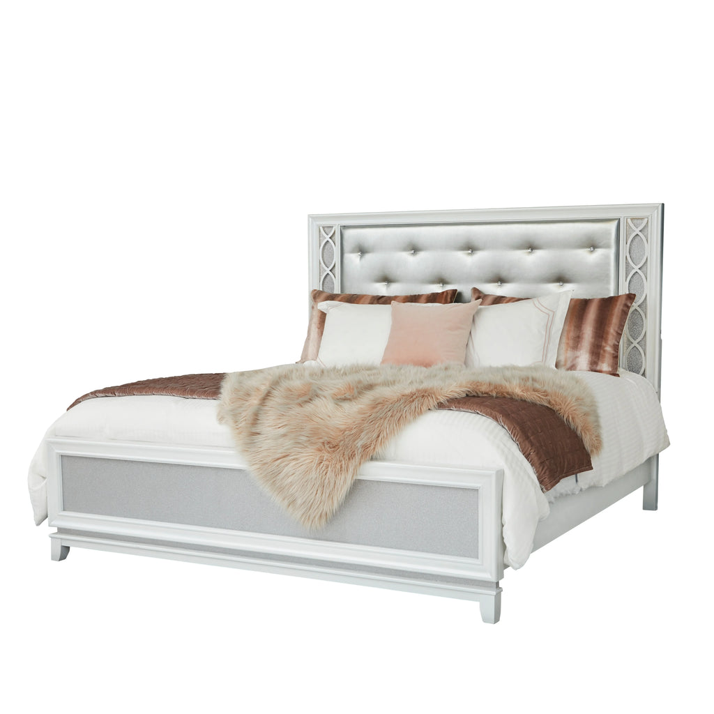 Queen 4-Piece Bedroom Set with LED Lights, Tufted Bed, Dresser, Mirror, and Nightstand in Pearlized White O6467