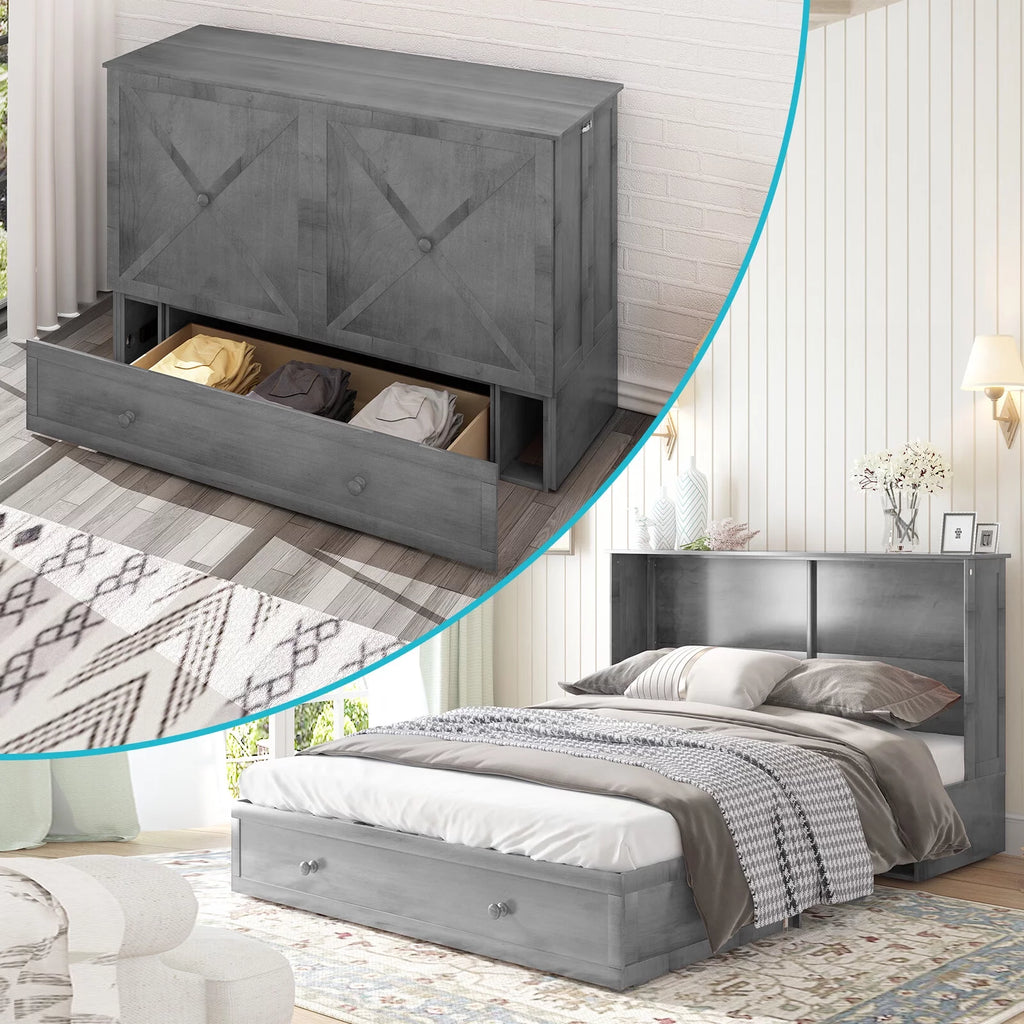Queen Murphy Bed Chest with Trifold Foam Mattress and Storage Drawers R729