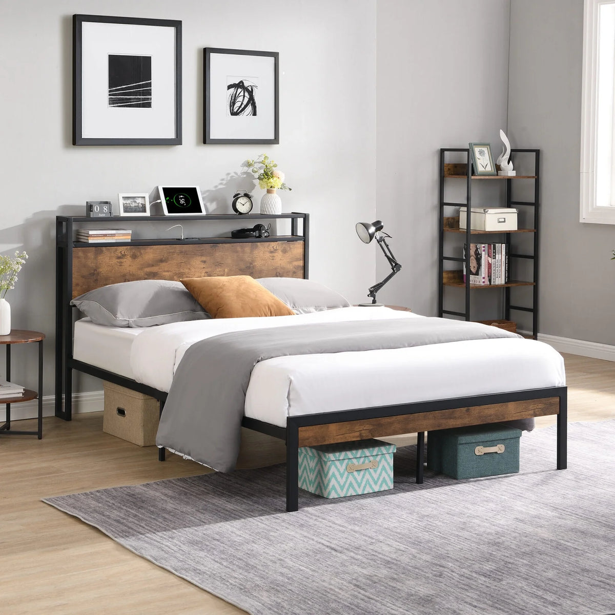 Queen Size Platform Bed with LED Lights and USB Ports E58904