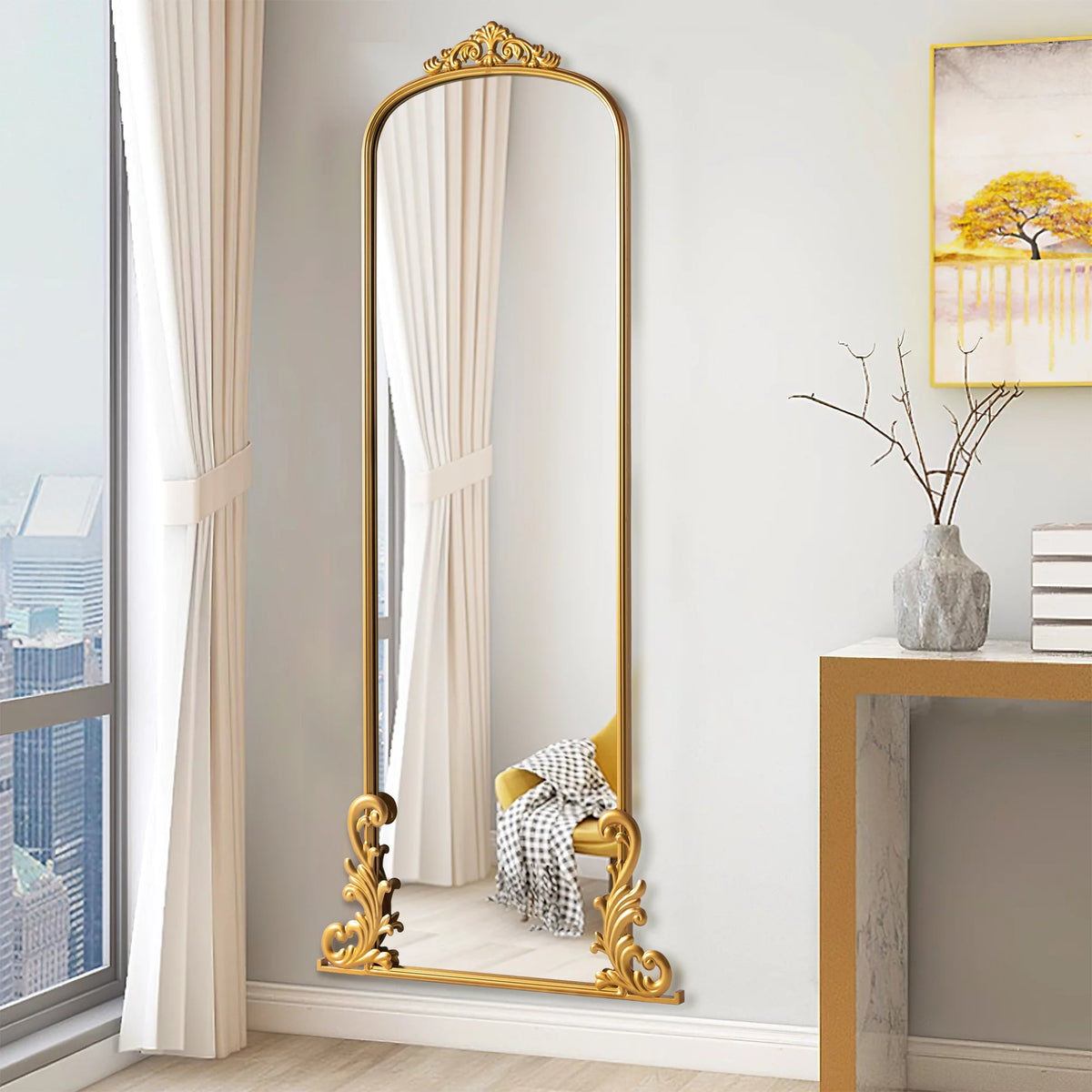 Large Arch Full Length Fireplace Mirror 68"*29" Gold Iron I149