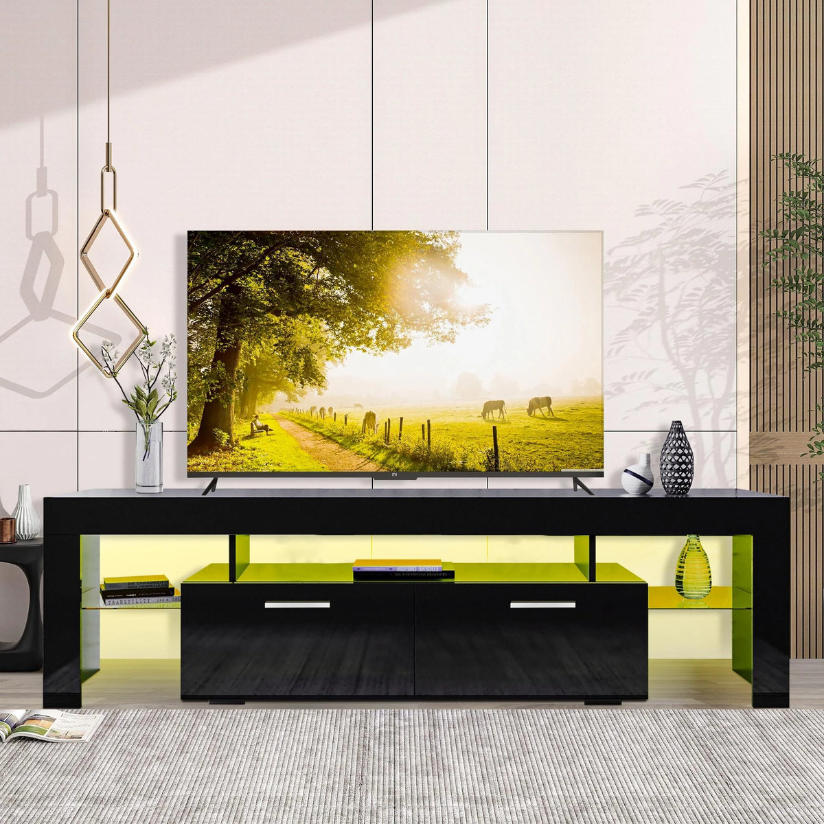 White High Gloss TV Stand with LED Light and Storage Drawers I4537