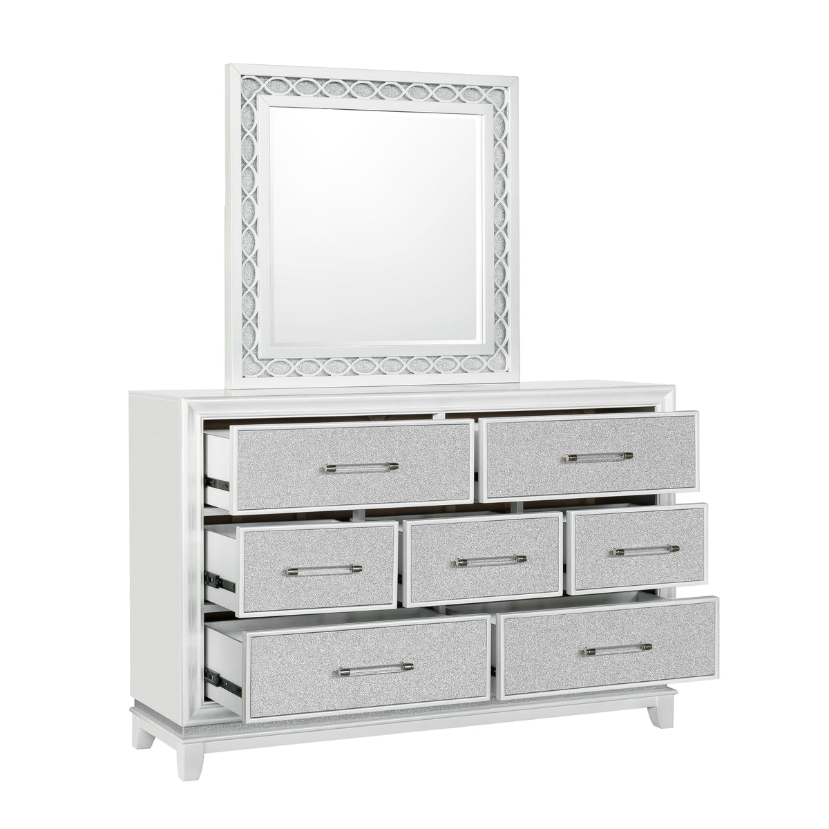 Queen 4-Piece Bedroom Set with LED Lights, Tufted Bed, Dresser, Mirror, and Nightstand in Pearlized White O6467