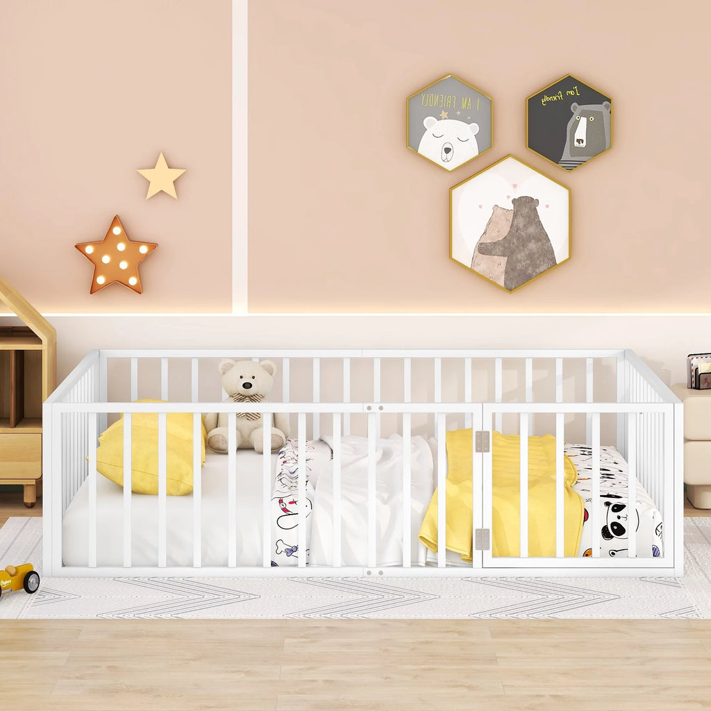 Queen Size Metal Floor Bed Frame with Fence and Door E40510