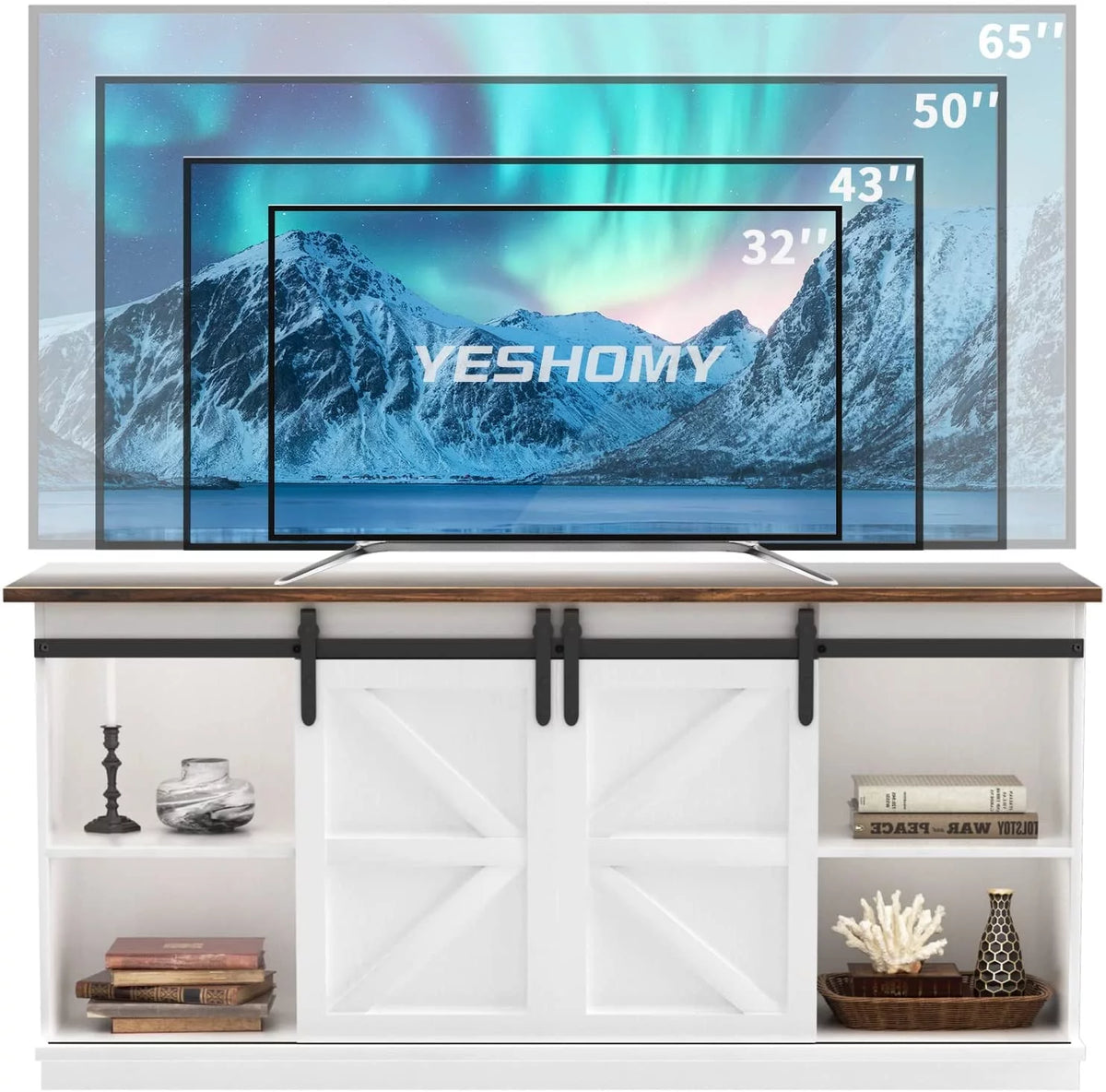 White 58 Inch TV Stand with Sliding Barn Doors W323