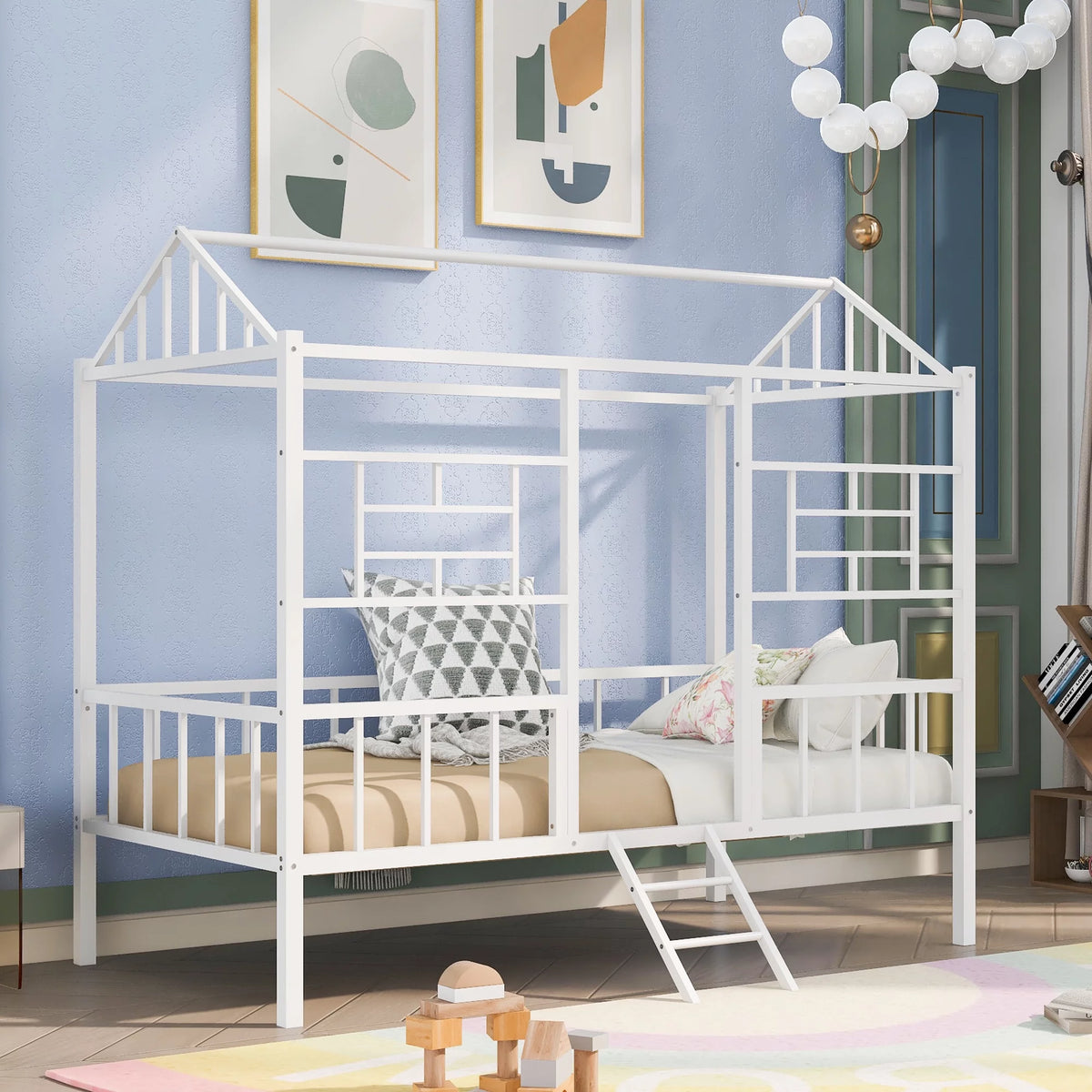 White Twin Size Metal Platform Bed Frame with Slatted Support J42158