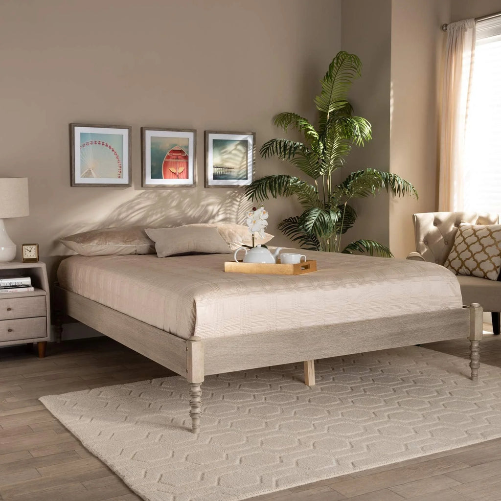 Antique White Oak Wood Queen Size Platform Bed Frame W977177