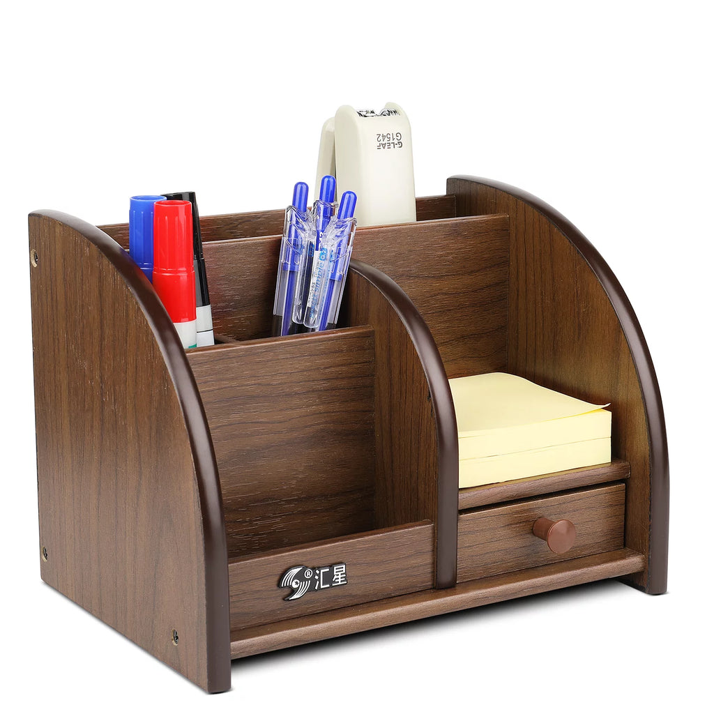 Wooden Remote Control Holder Caddy Desktop Organizer with Drawers Cherry Brown Q87299
