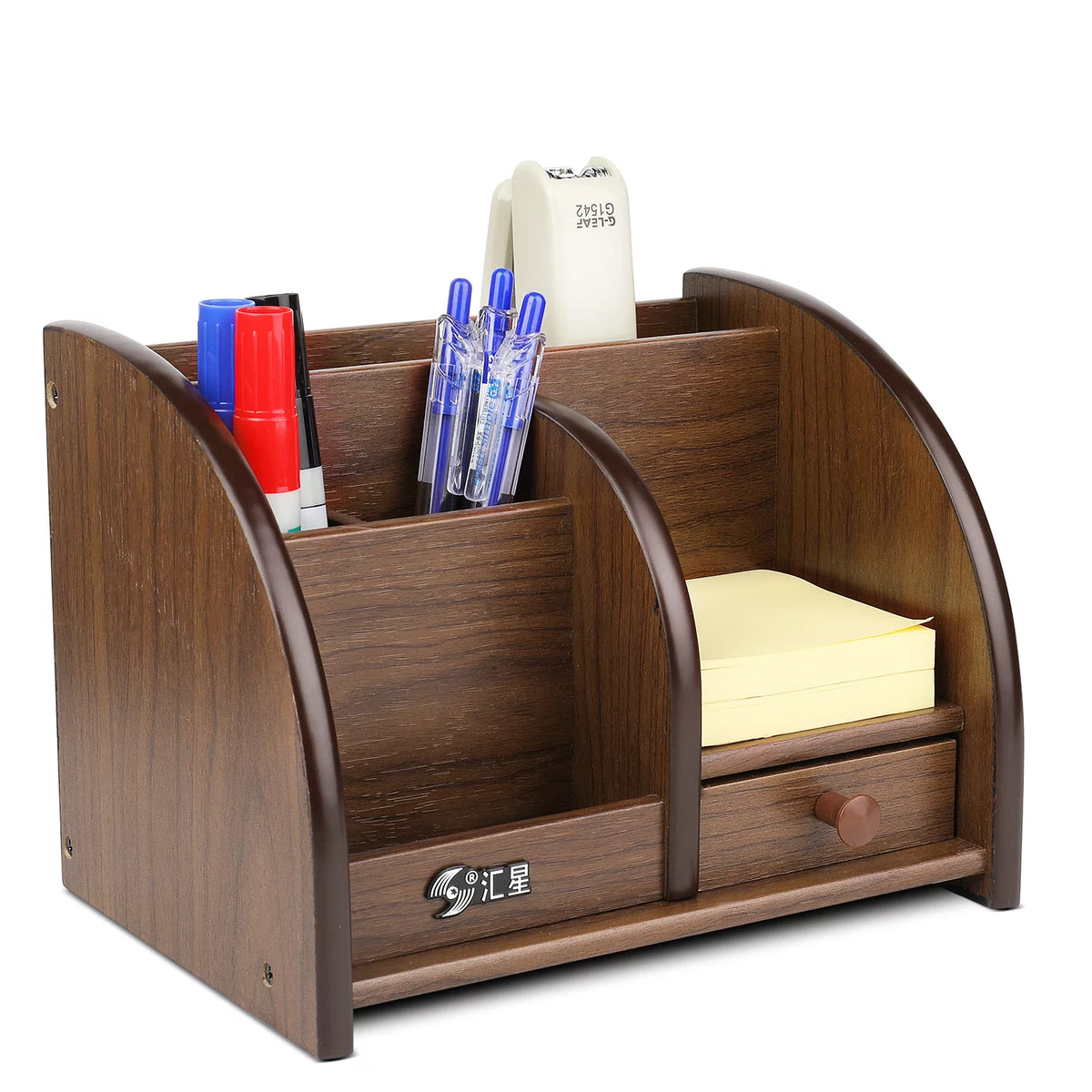 Wooden Remote Control Holder Caddy Desktop Organizer with Drawers Cherry Brown Q87299