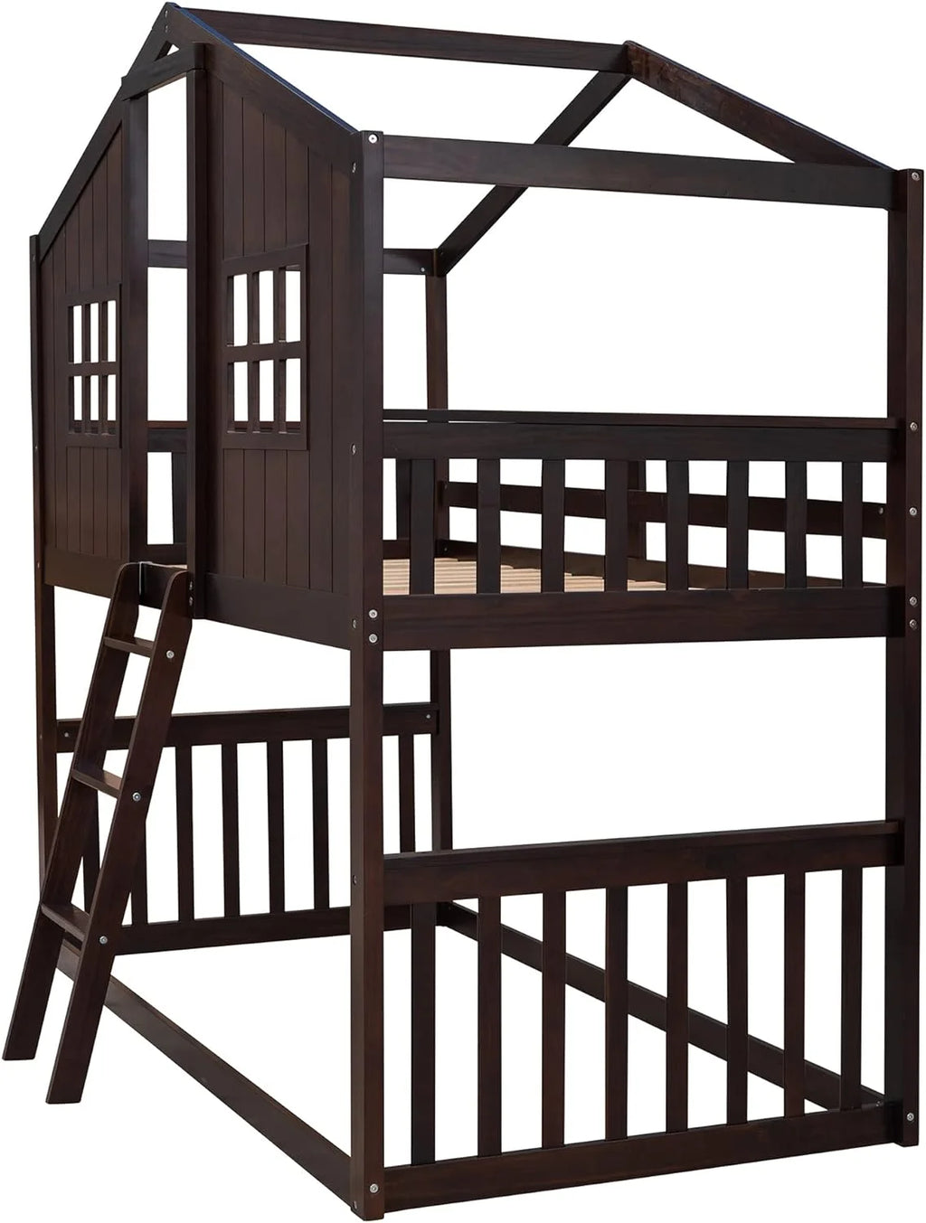 Espresso Wood House Bed with Ladder and Guard Rail Y218