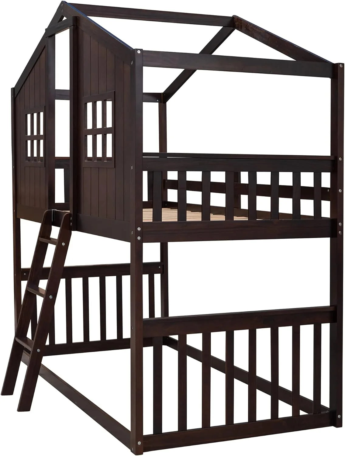 Espresso Wood House Bed with Ladder and Guard Rail Y218