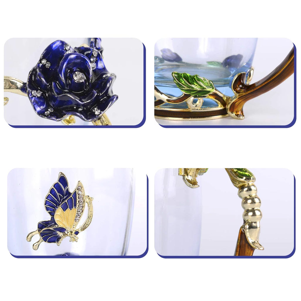 Blue Glass Tea Cup with Lid Coaster Spoon 18oz M1692