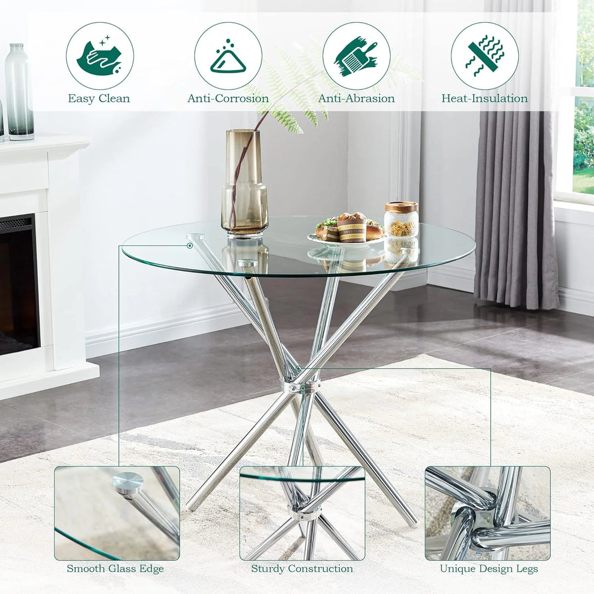 Round Glass Dining Table with Tempered Glass Top and Chrome Plated Metal Legs U374