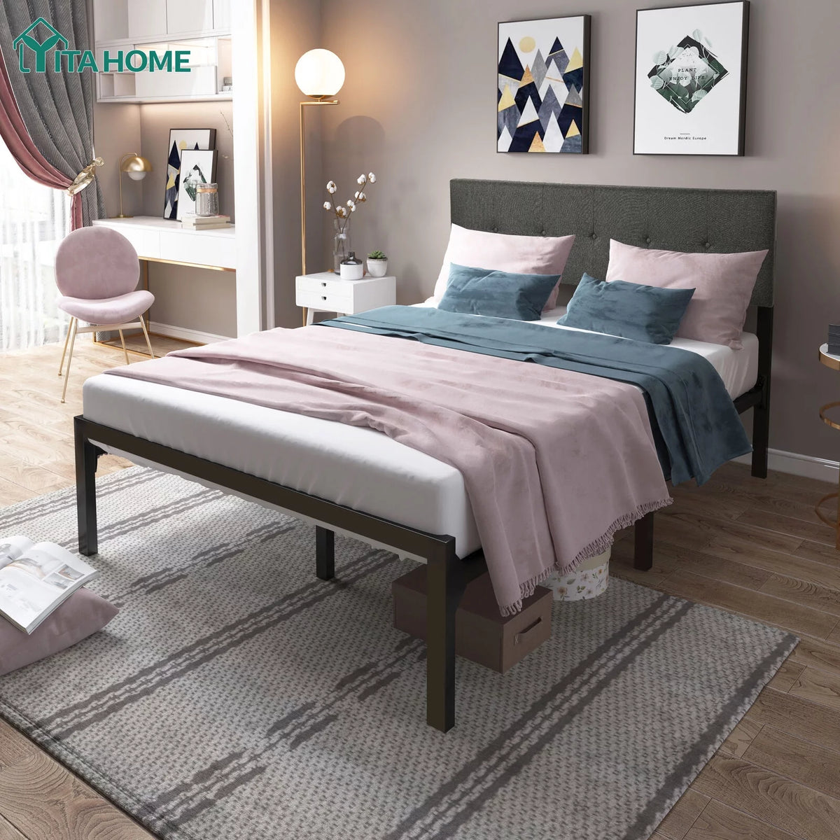 Queen Upholstered Platform Bed Frame with Adjustable Headboard X637469