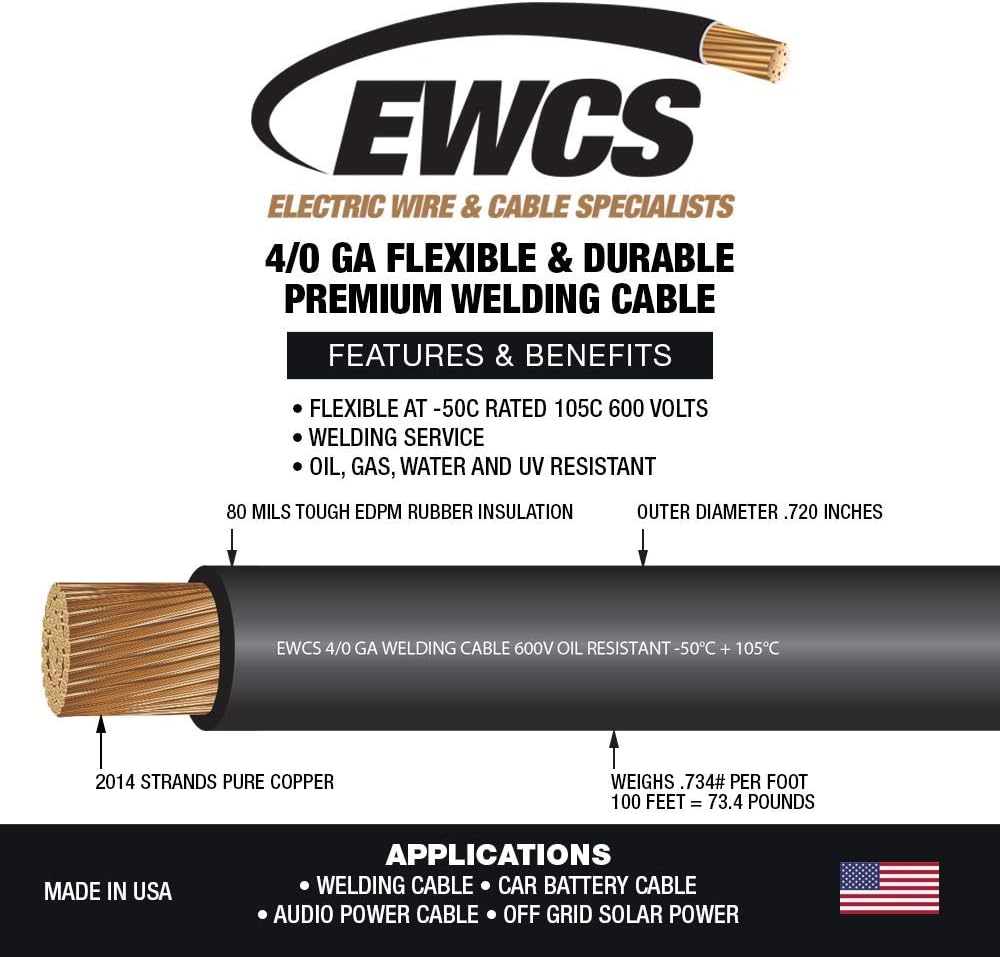 20 Feet Black 100% Copper Extra Flexible Welding Cable 600 Volt G773