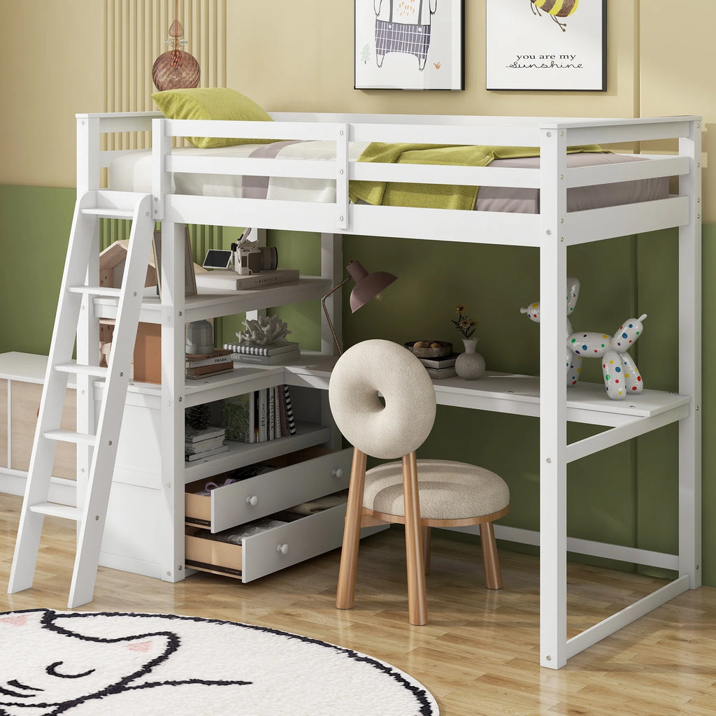 Twin Size White Loft Bed with Desk and Shelves W8233