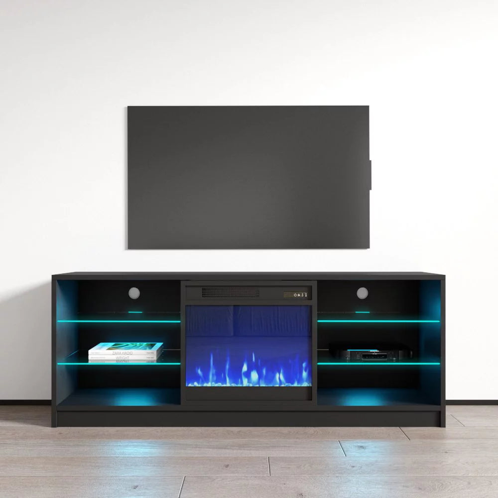 High Gloss Fireplace TV Stand with Storage Cabinets and LED Lights M68432